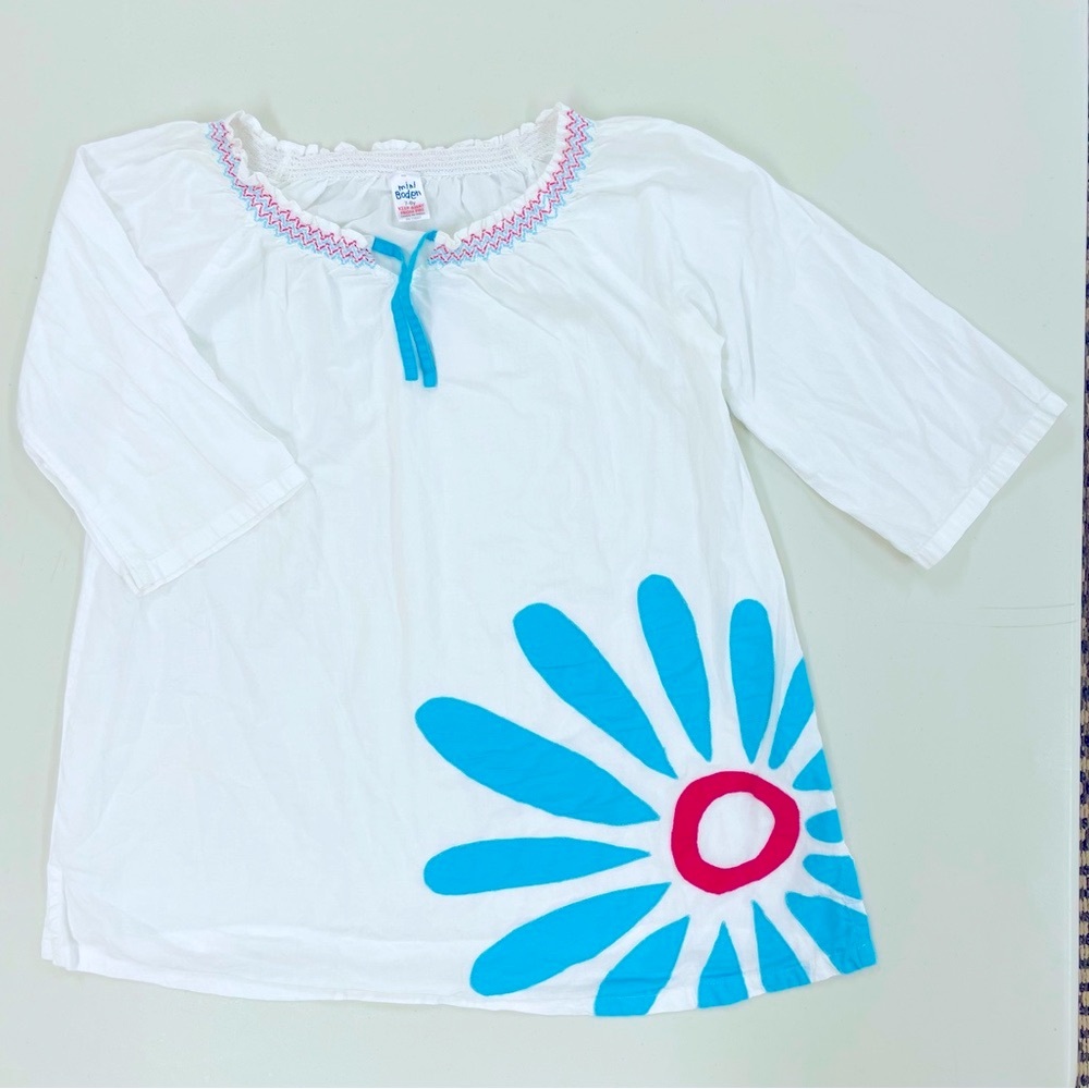 Mini Boden Tunic Top Girls 7-8 Y Embroidered Applique Flower Smocked Neck Cotton